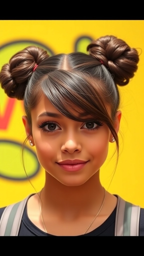 A young woman with double donut buns hairstyle, styled playfully, in a bright setting.